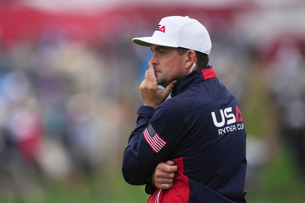 United States captain Keegan Bradley watches during a practice round at the Ryder Cup golf tournament, Thursday, Sept. 25, 2025, on the Bethpage Black golf course, in Farmingdale, N.Y. (AP Photo/Matt Slocum)