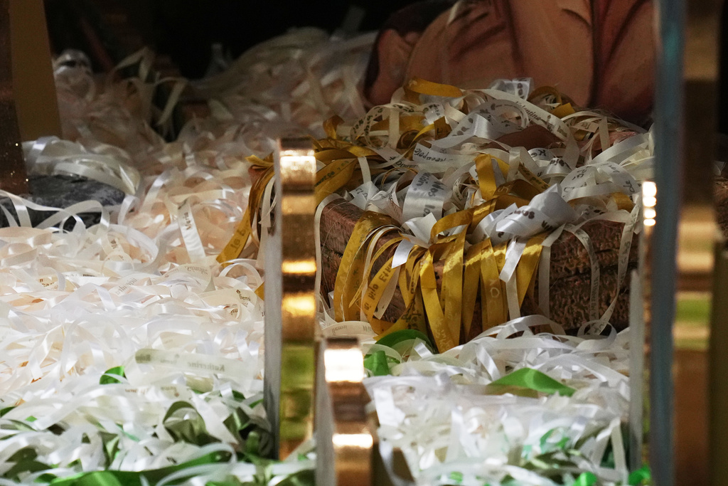 Ribbons representing lives saved from abortion according to Catholic organizations are seen on Nacimiento Gaudium, a nativity scene set in the Paul VI Hall during an audience led by Pope Leo XIV at the Vatican, Monday, Dec. 15, 2025. (AP Photo/Alessandra Tarantino)