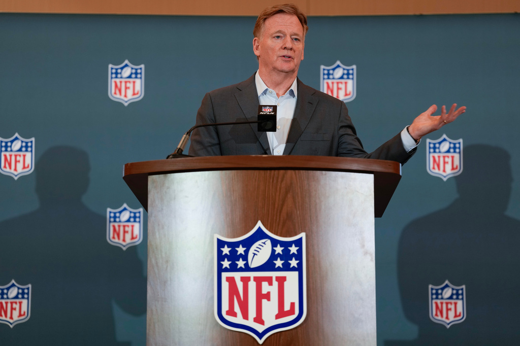 NFL commissioner Roger Goodell answers questions during a news conference at the football owners' meetings Tuesday, May 19, 2026, in Orlando, Fla. (AP Photo/John Raoux)