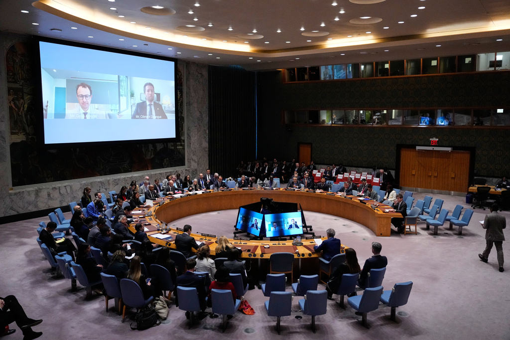 Dario Amodei, CEO of Anthropic, and Clément Delangue, CEO of and co-founder of Hugging Face, attend a Security Council meeting on artificial intelligence remotely at the 81st session of the United Nations General Assembly at United Nations headquarters, Wednesday, Sept. 23, 2026. (AP Photo/Yuki Iwamura)