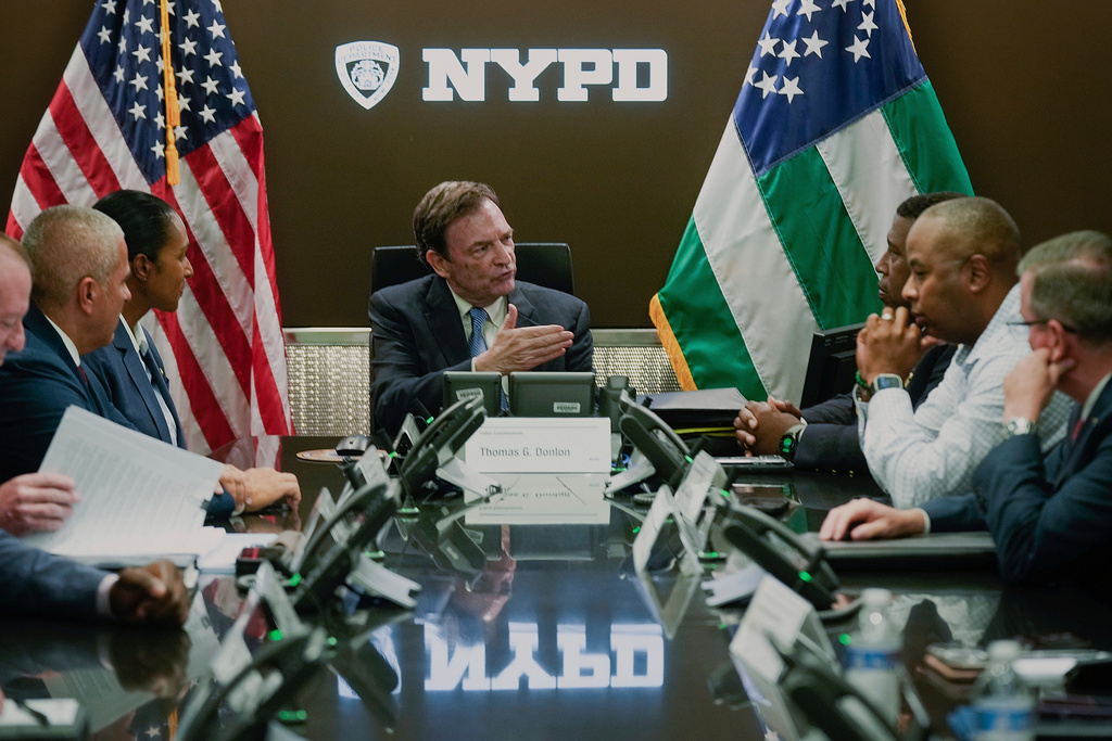 FILE - This image provided by Office of the New York Mayor shows Thomas Donlon, center, as New York City's interim police commissioner, Sept. 13, 2024. (Michael Appleton/Mayoral Photography Office via AP, File)