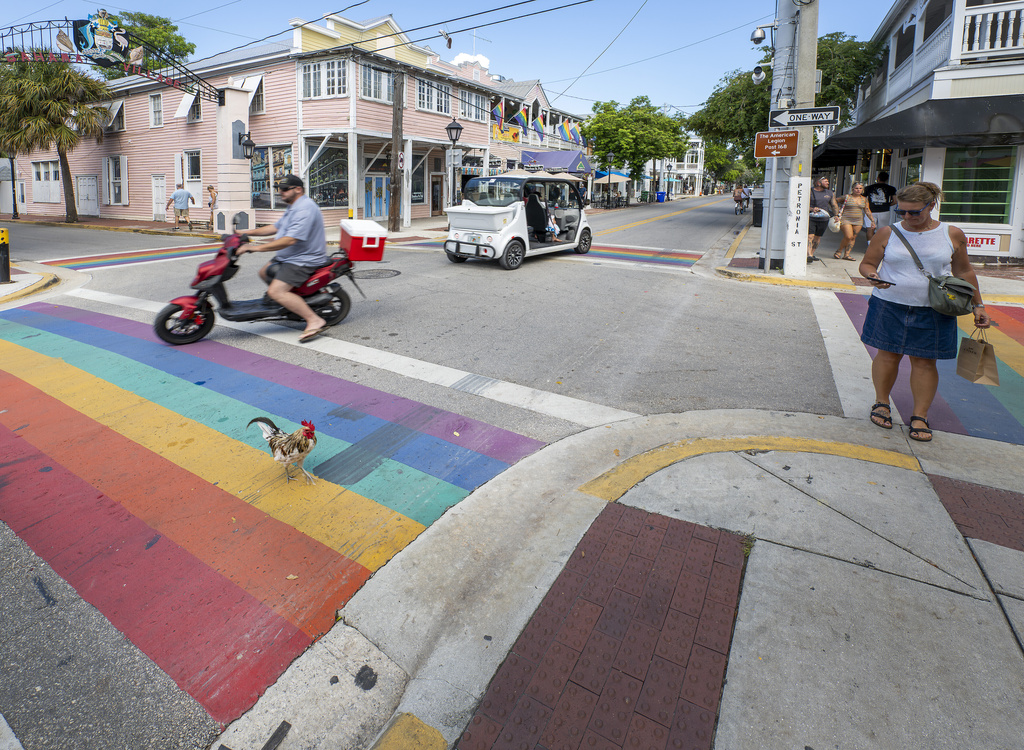 FILE - The state of Florida is demanding that the rainbow crosswalks at the intersection of Duval and Petronia streets in Key West, Fla., seen here on Aug. 18, 2025, be removed by Sept. 3, 2025, or face removal by the state at the city's expense. (Rob O'neal/The Key West Citizen via AP, file)