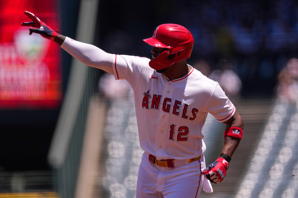 Los Angeles Angels' Jorge Soler is gestures as he rounds second after hitting a two-run home run during the first inning of a baseball game against the Baltimore Orioles, Wednesday, June 24, 2026, in Anaheim, Calif. (AP Photo/Mark J. Terrill)