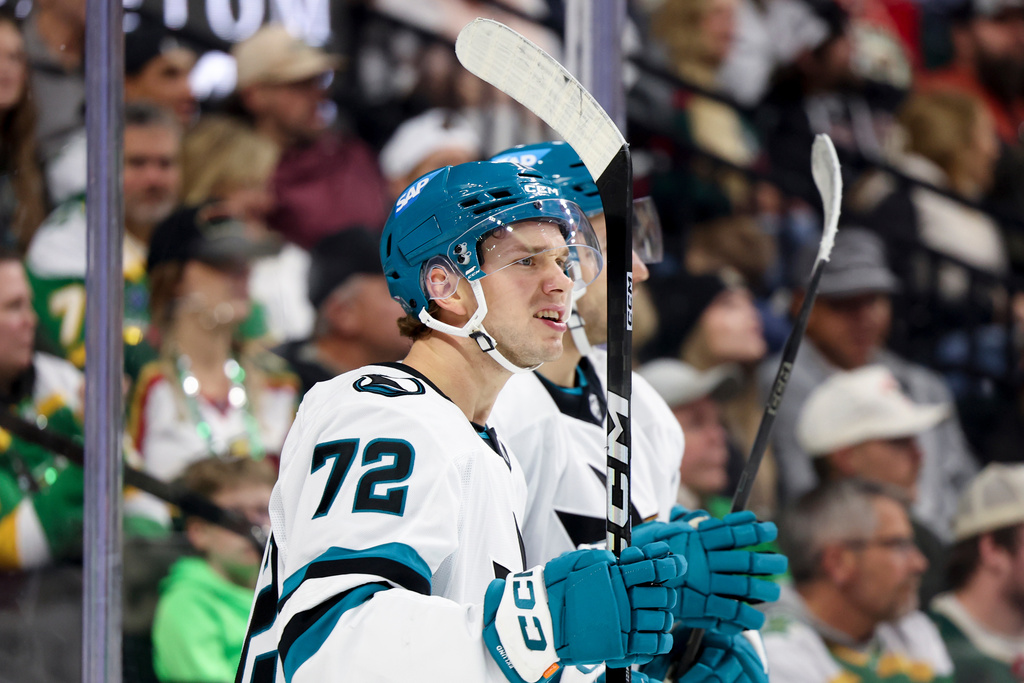 San Jose Sharks left wing William Eklund (72) reacts after scoring against the Minnesota Wild during the second period of an NHL hockey game, Sunday, Oct. 26, 2025, in St. Paul, Minn. (AP Photo/Ellen Schmidt)