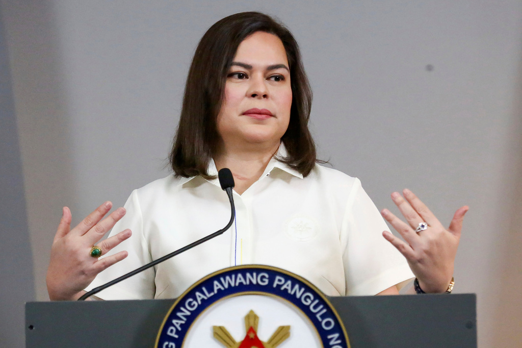 FILE -Philippine Vice President Sara Duterte gestures as she speaks during a press conference in Manila, Philippines on Friday, Feb. 7, 2025. (AP Photo/Basilio Sepe, File)