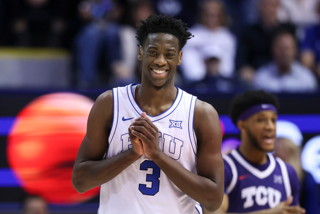 BYU forward AJ Dybantsa reacts after a play against TCU during the second half of an NCAA basketball game, Wednesday, Jan. 14, 2026, in Provo, Utah. (AP Photo/Rob Gray)