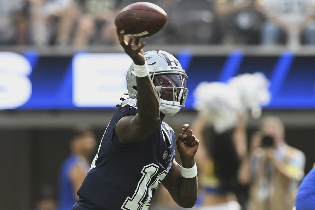 Dallas Cowboys quarterback Joe Milton III (10) throws against the Los Angeles Rams during the first half of an NFL preseason football game, Saturday, Aug. 9, 2025, in Inglewood, Calif. (AP Photo/Wally Skalij)
