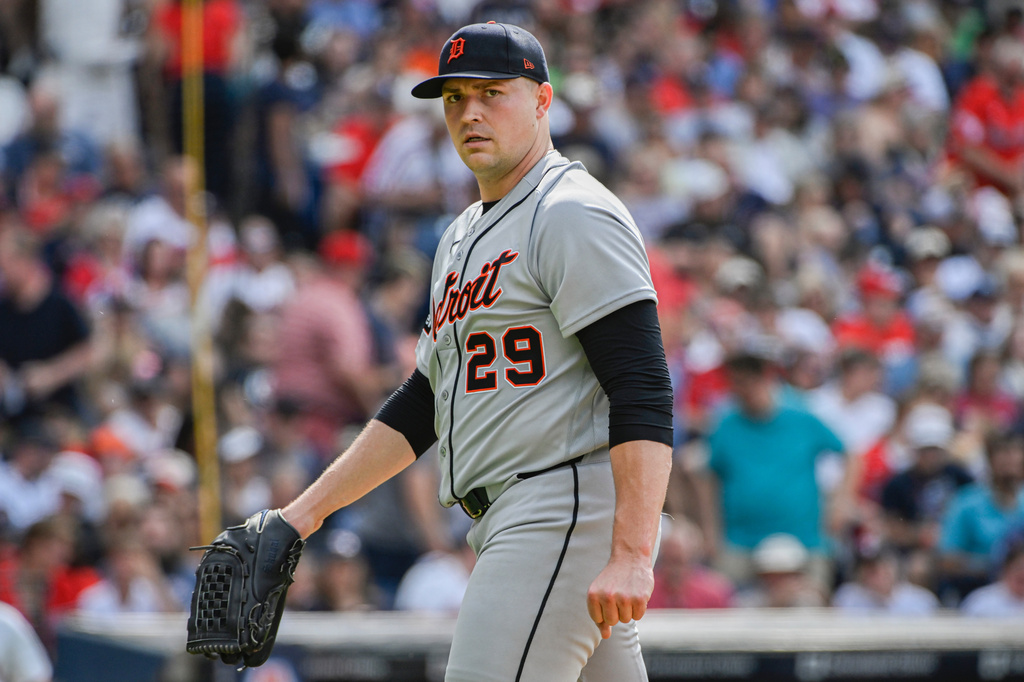Detroit Tigers starting pitcher Tarik Skubal walks from the mound during the second inning of a baseball game against the Cleveland Guardians, Saturday, June 13, 2026, in Cleveland. (AP Photo/Phil Long)