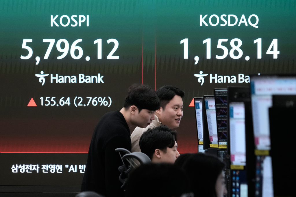 Currency traders watch monitors near a screen showing the Korea Composite Stock Price Index (KOSPI), left, at the foreign exchange dealing room of the Hana Bank headquarters in Seoul, South Korea, Wednesday, March 18, 2026. (AP Photo/Ahn Young-joon)