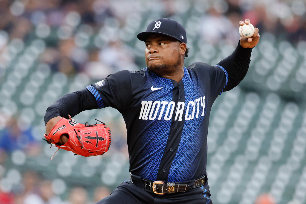 Detroit Tigers' Framber Valdez pitches against the Cleveland Guardians during the first inning of a baseball game Monday, May 18, 2026, in Detroit. (AP Photo/Duane Burleson)