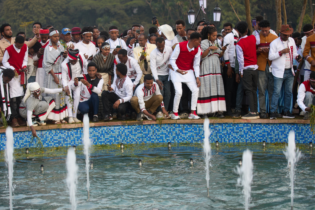 People attend the annual thanksgiving celebrations in Addis Ababa, Ethiopia, Saturday, Oct 4, 2025. (AP Photo/Amanuel Birhane)