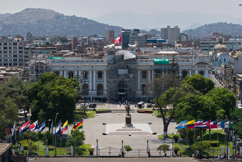 The Congress building stands the day before lawmakers debate the removal of the nation's president in Lima, Peru, Monday, Feb. 16, 2026. (AP Photo/Guadalupe Pardo)