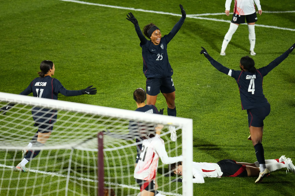 United States defender Kennedy Wesley (25) celebrates a goal against Japan during the second half of an international friendly soccer match Friday, April 17, 2026, in Commerce City, Colo. (AP Photo/Jack Dempsey)