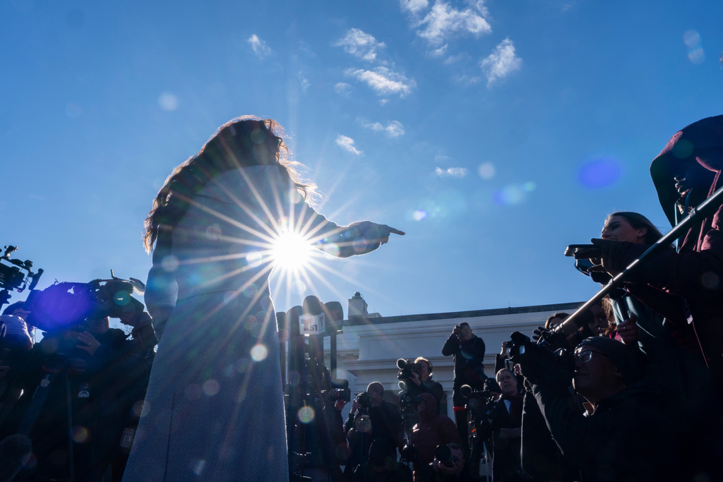 Homeland Security Secretary Kristi Noem speaks with reporters at the White House, Thursday, Jan. 15, 2026, in Washington. (AP Photo/Alex Brandon)