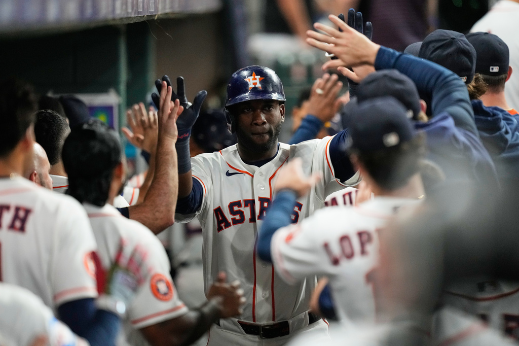 Houston Astros designated hitter Yordan Alvarez celebrates after hitting a home run during the fifth inning of a baseball game against the Kansas City Royals in Houston, Tuesday, Sept. 15, 2026. (AP Photo/Ashley Landis)