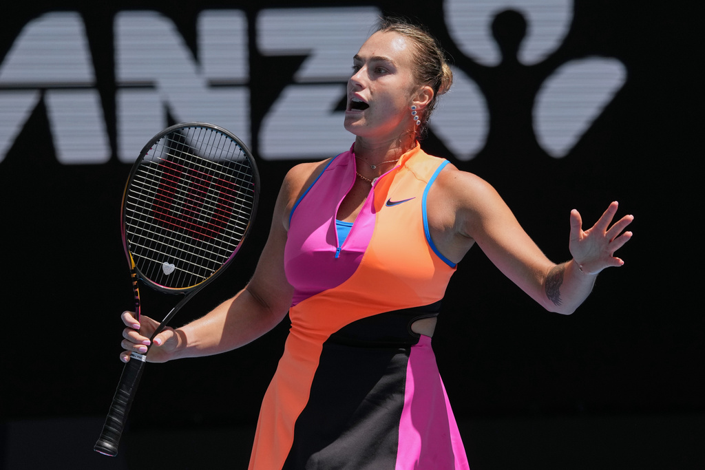 Aryna Sabalenka of Belarus reacts during her second round match against Bai Zhuoxuan of China at the Australian Open tennis championship in Melbourne, Australia, Wednesday, Jan. 21, 2026. (AP Photo/Dita Alangkara)