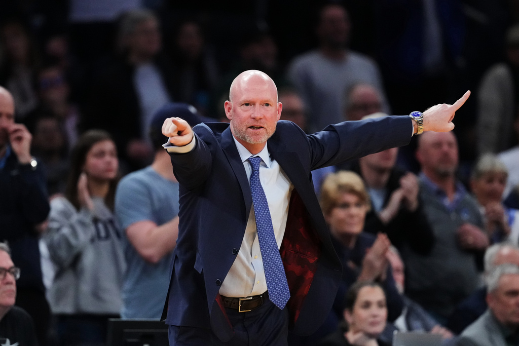 Villanova head coach Kevin Willard calls out to his team during second half of an NCAA college basketball game against Georgetown in the quarterfinals of the Big East basketball tournament Thursday, March 12, 2026, in New York. (AP Photo/Frank Franklin II)