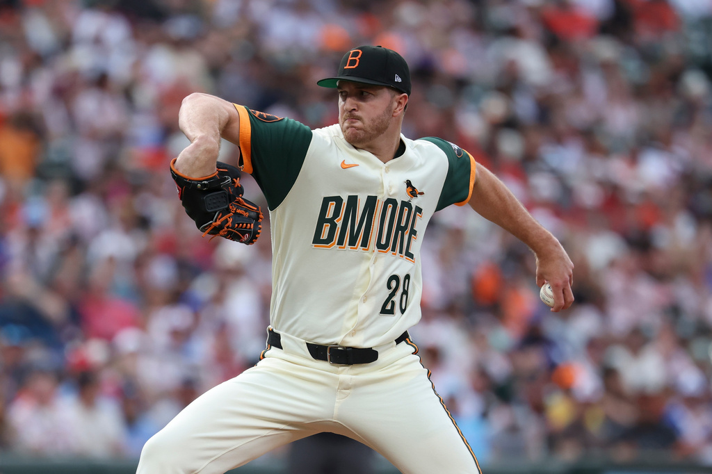 Baltimore Orioles pitcher Trevor Rogers throws during the first inning of a baseball game against the Atlanta Braves, Friday, July 24, 2026, in Baltimore. (AP Photo/Terrance Williams)