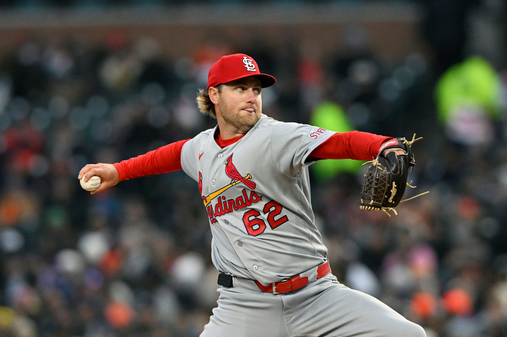 St. Louis Cardinals starting pitcher Kyle Leahy throws in the first inning of a baseball game against the Detroit Tigers, Sunday, April 5, 2026, in Detroit. (AP Photo/Jose Juarez)