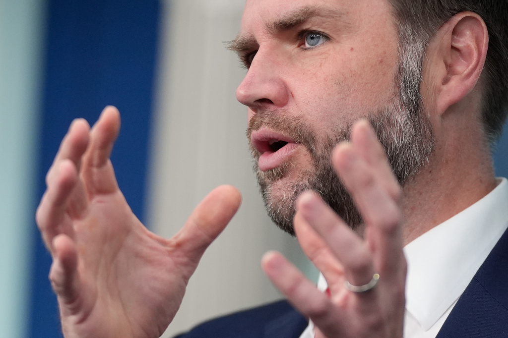 Vice President JD Vance speaks to reporters in the James S. Brady Press Briefing Room at the White House, Thursday, June 18, 2026, in Washington. (AP Photo/Manuel Balce Ceneta)