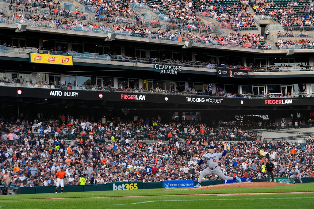 Los Angeles Dodgers pitcher Tarik Skubal throws against the Detroit Tigers during the fourth inning of a baseball game Friday, Aug. 28, 2026, in Detroit. (AP Photo/Paul Sancya)
