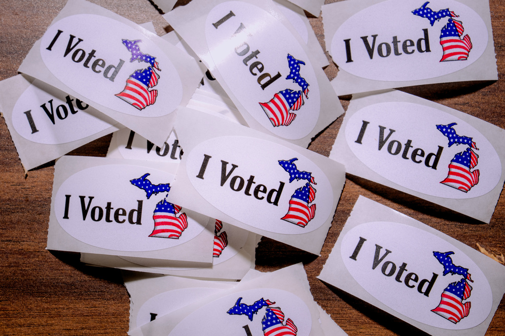 A close-up view of "I Voted" stickers at Maples Elementary School on primary election day, Tuesday, Aug. 4, 2026, in Dearborn, Mich. (AP Photo/Nic Antaya) CORRECTION: Corrects location to Dearborn NOT Detroit