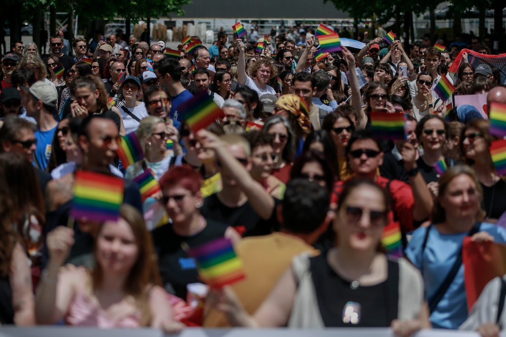 People gather to take part in the Pristina Pride Parade in the main square in Kosovo's capital Pristina, Friday, June 5, 2026. (AP Photo/Visar Kryeziu)