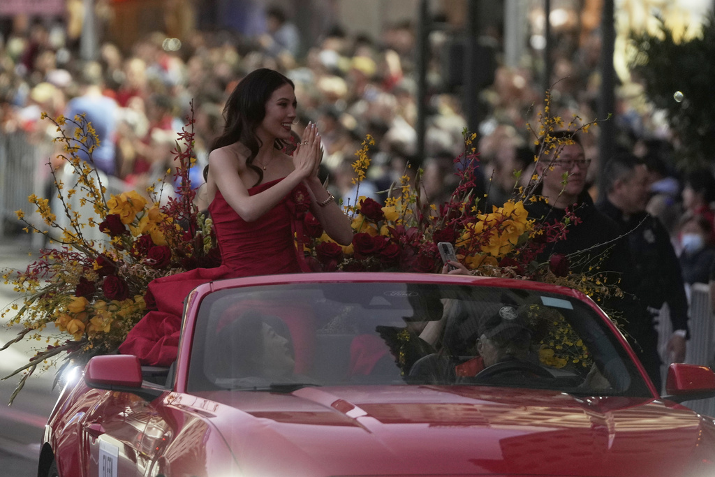 Olympic gold medalist and Grand Marhsal Eileen Gu gestures during the Chinese New Year Parade in San Francisco, Saturday, March 7, 2026. (AP Photo/Jeff Chiu)