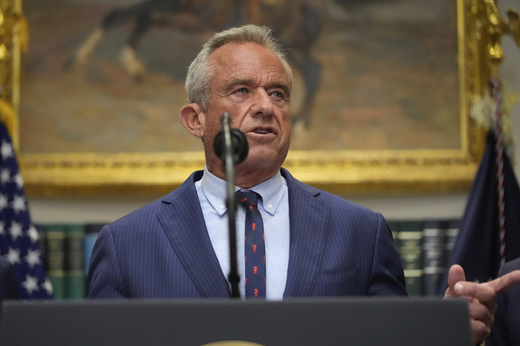 Health and Human Services Secretary Robert F. Kennedy Jr. speaks in the Roosevelt Room of the White House, Monday, Sept. 22, 2025, in Washington, at an event with President Donald Trump. (AP Photo/Mark Schiefelbein)
