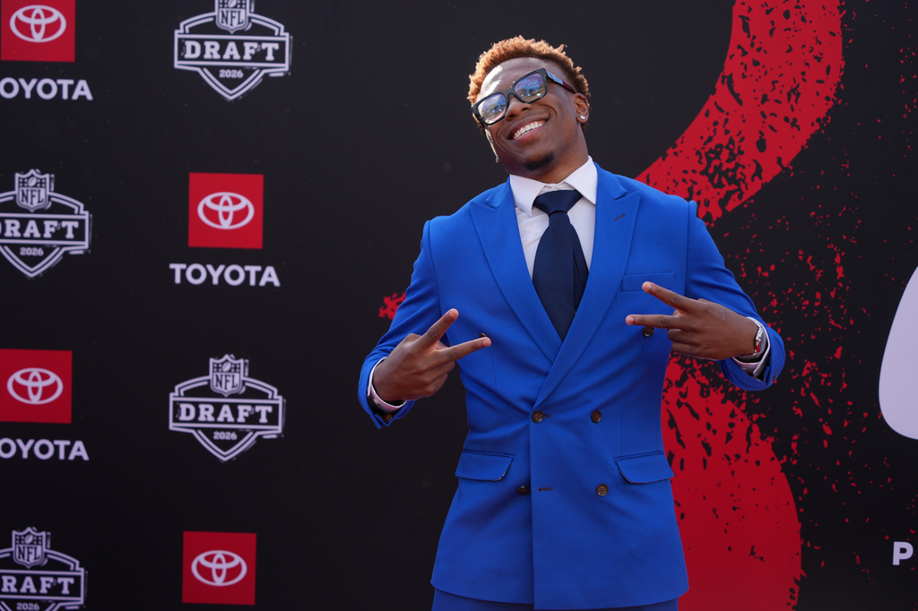 Tennessee defensive back Colton Hood poses on the red carpet before the first round of the NFL football draft, Thursday, April 23, 2026, in Pittsburgh. (AP Photo/Gene J. Puskar)