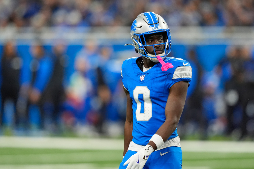 FILE - Detroit Lions cornerback Terrion Arnold (0) plays during the first half of an NFL football game against the Tennessee Titans, Sunday, Oct. 27, 2024, in Detroit. (AP Photo/Carlos Osorio, File)