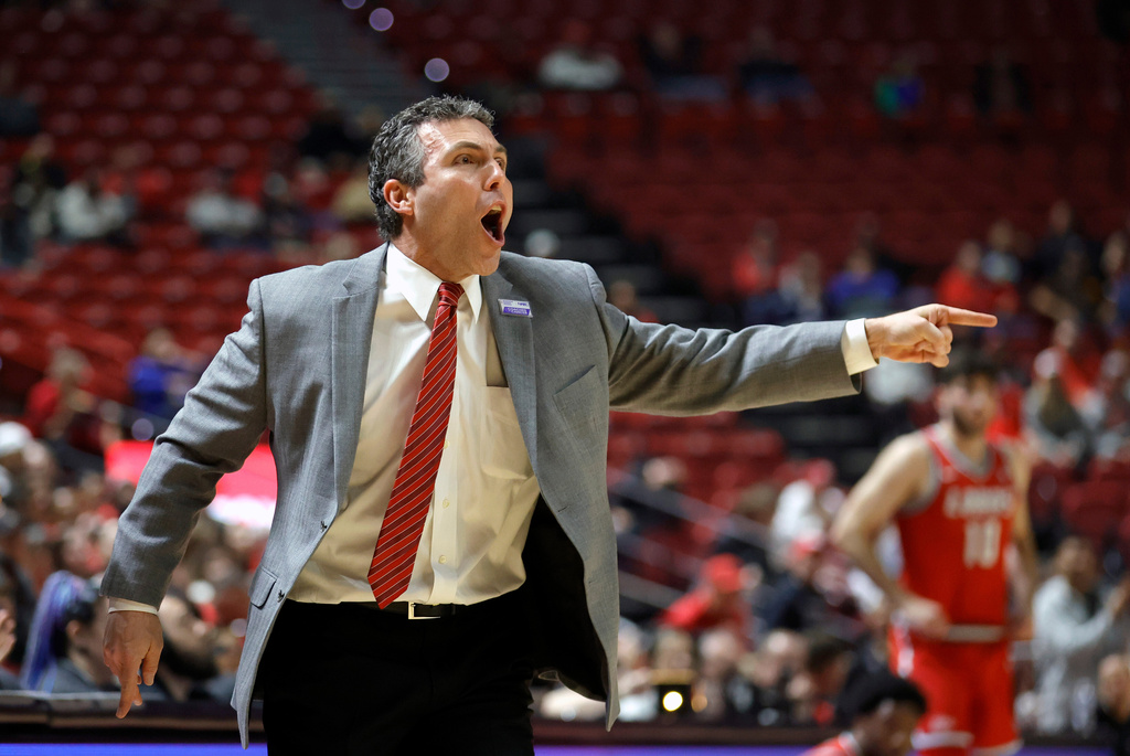 UNLV basketball head coach Josh Pastner reacts to an official's call during the first half of an NCAA college basketball game against New Mexico Tuesday, Jan. 27, 2026, in Las Vegas. (Steve Marcus/Las Vegas Sun via AP)