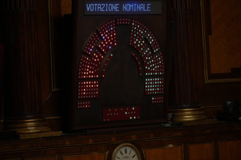 A billboard at the Italian senate shows the result of a vote giving the final approval to legislation paving the way for the eventual return of nuclear energy to Italy, in Rome, Wednesday, Sept. 23, 2026. (AP Photo/Andrew Medichini)