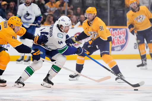Vancouver Canucks left wing Kiefer Sherwood (44) moves the puck past Nashville Predators center Fedor Svechkov, left, during the third period of an NHL hockey game Thursday, Oct. 23, 2025, in Nashville, Tenn. (AP Photo/George Walker IV) Vancouver Canucks left wing Kiefer Sherwood (44) moves the puck past Nashville Predators center Fedor Svechkov, left, during the third period of an NHL hockey game Thursday, Oct. 23, 2025, in Nashville, Tenn. (AP Photo/George Walker IV)
