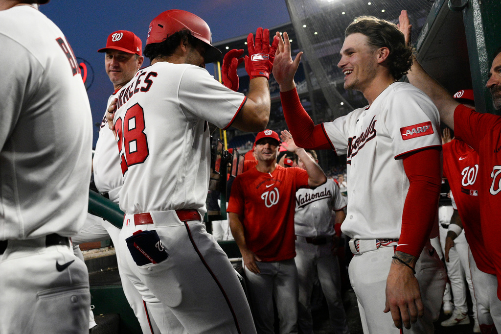 Washington Nationals' Yohandy Morales (28) celebrates his home run with Brady House, right, during the third inning of a baseball game against the Atlanta Braves, Tuesday, Sept. 1, 2026, in Washington. (AP Photo/Nick Wass)