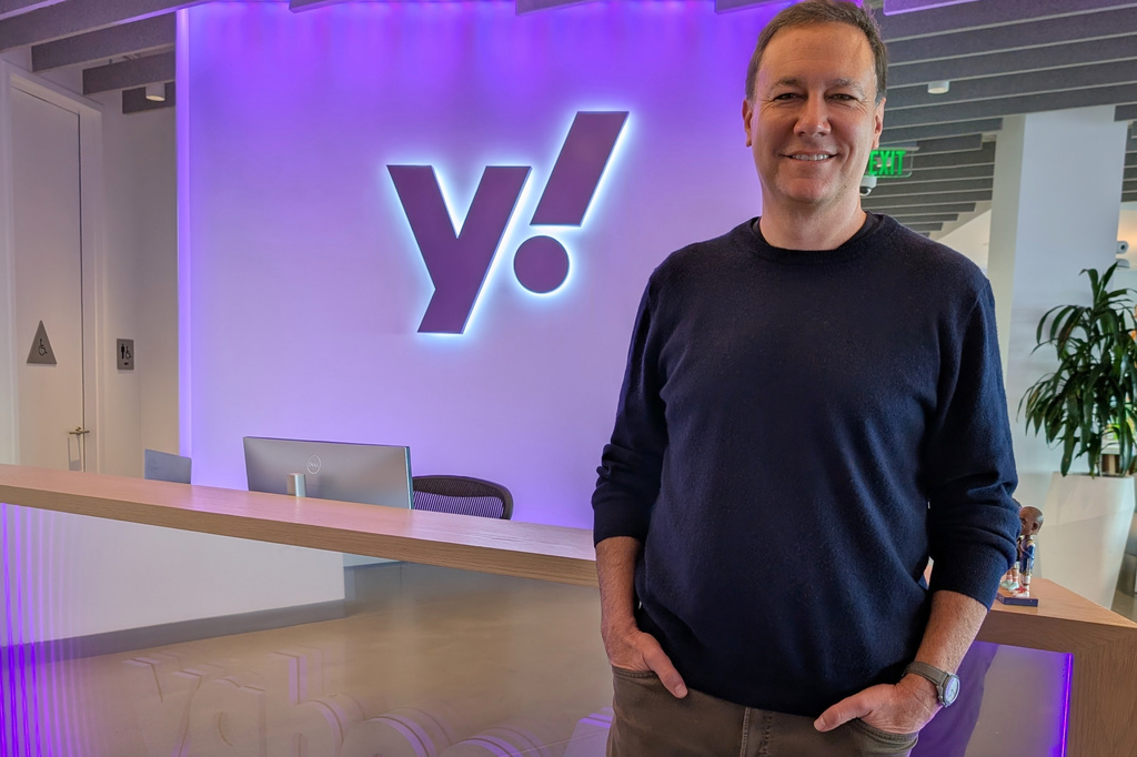 Yahoo CEO Jim Lanzone poses for a photo on Feb. 24, 2026 in Yahoo’s San Francisco office. (AP Photo/Michael Liedtke)