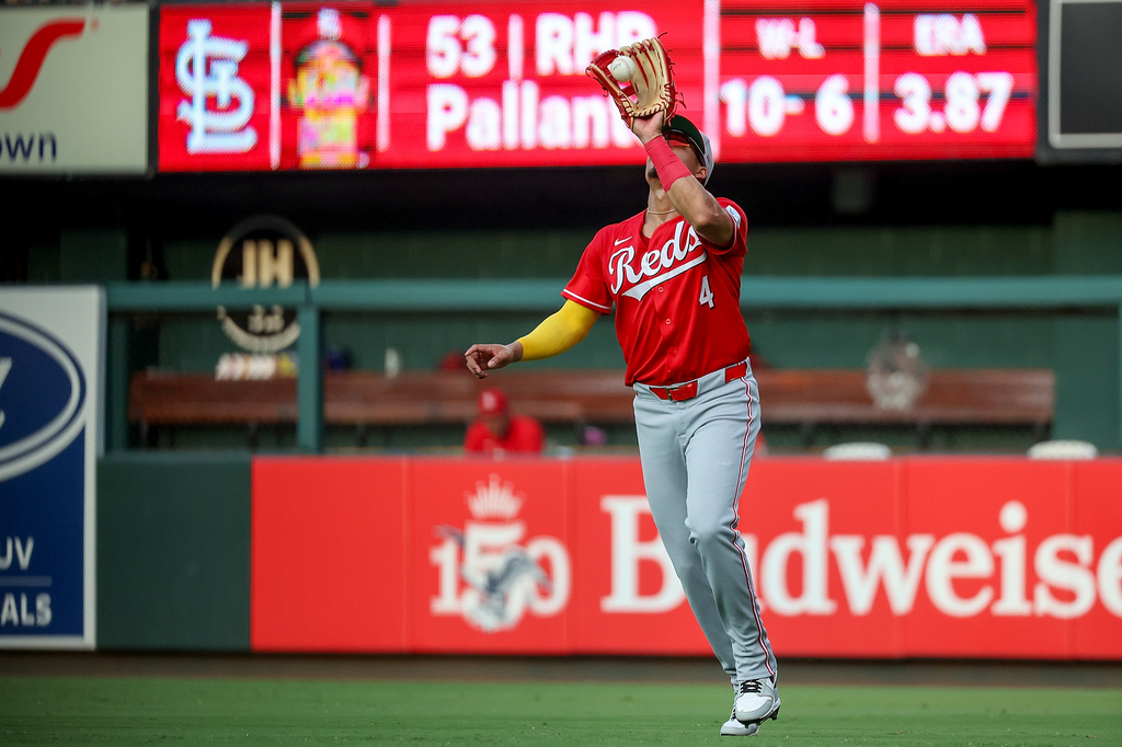 Cincinnati Reds' Noelvi Marte catches a fly ball for an out against St. Louis Cardinals' Masyn Winn during the fourth inning of a baseball game Saturday, July 25, 2026, in St. Louis. (AP Photo/Scott Kane)