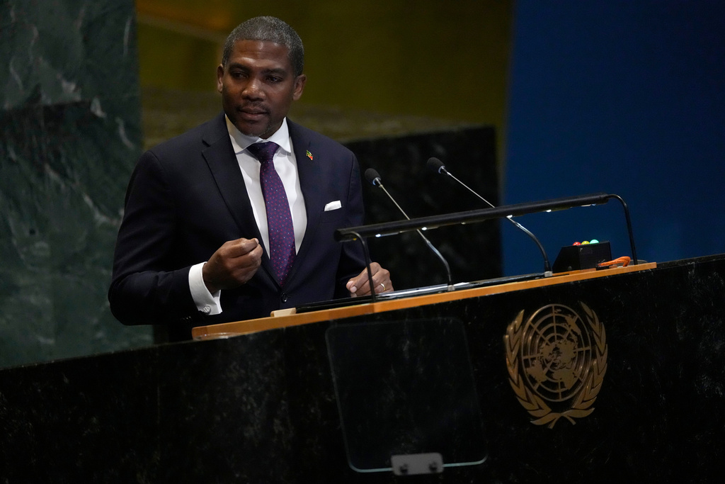 Prime Minister of Saint Kitts and Nevis Terrance Micheal Drew addresses the 80th session of the United Nations General Assembly, Saturday, Sept. 27, 2025, at U.N. headquarters. (AP Photo/Pamela Smith)