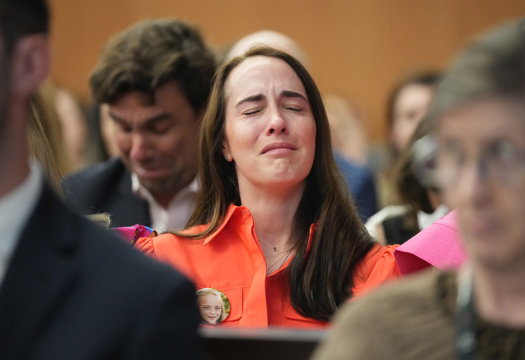 Alli Naylor, mother of Wynne Naylor who died at Camp Mystic, reacts as attorneys argue for a temporary restraining order regarding the camp, at the Travis County Courthouse in Austin, Texas, on Wednesday, March 4, 2026. (Jay Janner/Austin American-Statesman via AP, Pool)