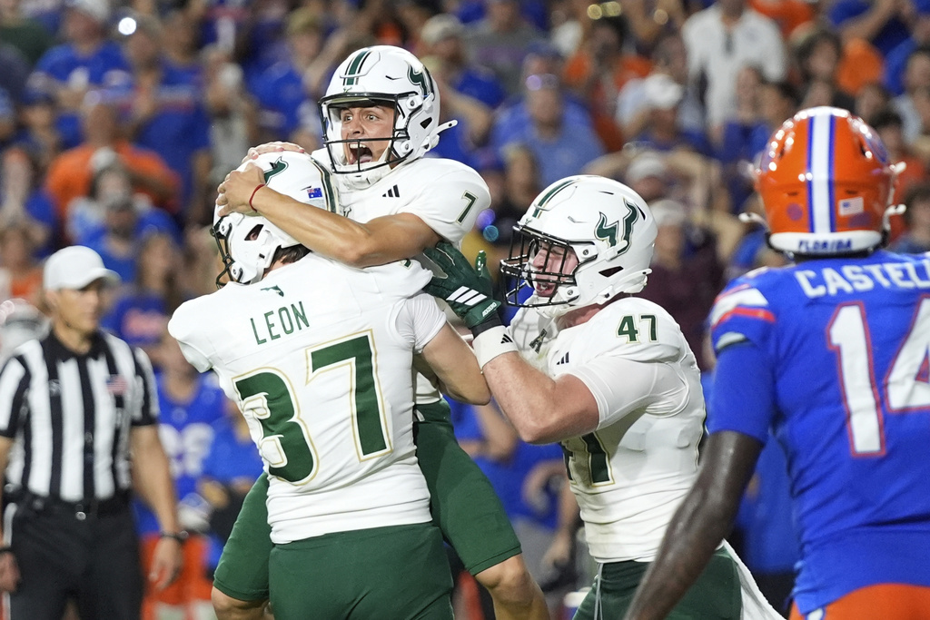 South Florida place kicker Nico Gramatica celebrates his game winning 19-yard field goal against Florida as time expired on the clock in an NCAA college football game, Saturday, Sept. 6, 2025, in Gainesville, Fla. (AP Photo/John Raoux)