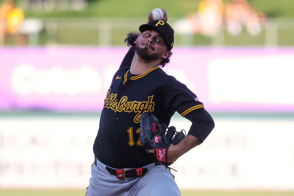 Pittsburgh Pirates pitcher Jared Jones throws to an Athletics batter during the first inning of a baseball game Monday, June 15, 2026, in West Sacramento, Calif. (AP Photo/Scott Marshall)
