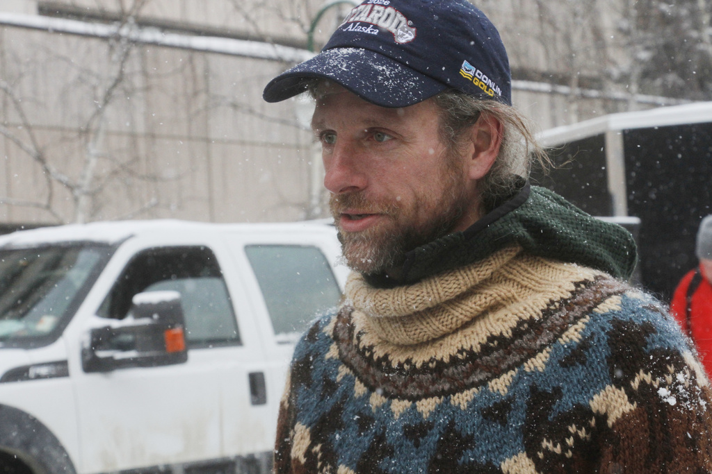 Jessie Holmes, the defending Iditarod Trail Sled Dog Race champion, talks to fans Saturday, March 7, 2026, in Anchorage, Alaska, during the ceremonial start of the 2026 race. (AP Photo/Mark Thiessen)