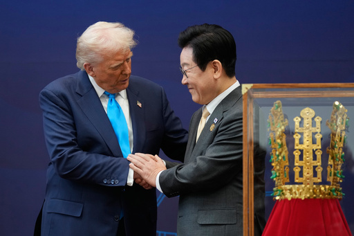 President Donald Trump shakes hands with South Korean President Lee Jae Myung as they attend a high honor ceremony at the Gyeongju National Museum in Gyoeongju, South Korea, Wednesday, Oct. 29, 2025. (AP Photo/Mark Schiefelbein) President Donald Trump shakes hands with South Korean President Lee Jae Myung as they attend a high honor ceremony at the Gyeongju National Museum in Gyoeongju, South Korea, Wednesday, Oct. 29, 2025. (AP Photo/Mark Schiefelbein)