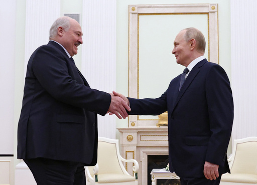 Russian President Vladimir Putin, right, and Belarusian President Alexander Lukashenko shake hands during their meeting a the Kremlin in Moscow, Russia, Friday, Sept. 26, 2025. (Ramil Sitdikov/Pool Photo via AP) Russian President Vladimir Putin, right, and Belarusian President Alexander Lukashenko shake hands during their meeting a the Kremlin in Moscow, Russia, Friday, Sept. 26, 2025. (Ramil Sitdikov/Pool Photo via AP)