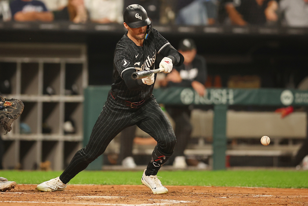 Chicago White Sox's Brenton Doyle bunts during the sixth inning of a baseball game against the Detroit Tigers, Thursday, Sept. 17, 2026, in Chicago. (AP Photo/Melissa Tamez)