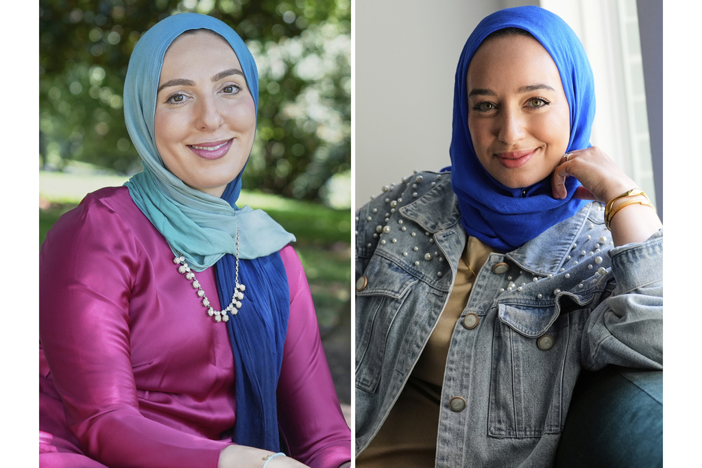 Yasmin Elhady poses in Falls Church, Va, on Aug. 12, 2025, left, and Hoda Abrahim appears at her home on Aug. 11, 2025, in Conroe, Texas. Elhady and Abrahim are matchmakers featured on the series "Muslim Matchmaker" on Hulu. (AP Photo)