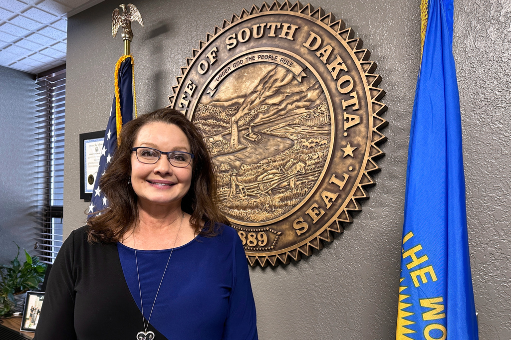 FILE - South Dakota Republican Secretary of State Monae Johnson is pictured in her office on Jan. 11, 2024, in Pierre, S.D. (AP Photo/Jack Dura, File)