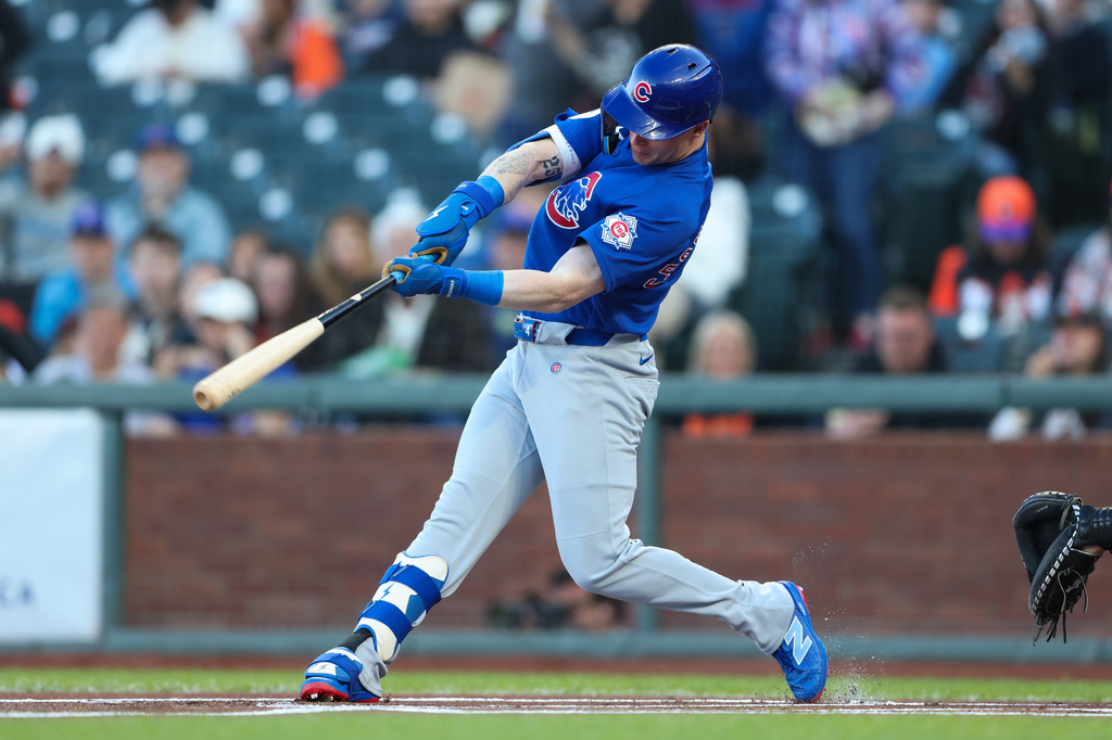 Chicago Cubs' Pete Crow-Armstrong hits a leadoff solo home run during the first inning of a baseball game against the San Francisco Giants, Saturday, June 13, 2026, in San Francisco, Calif. (AP Photo/Scott Marshall)
