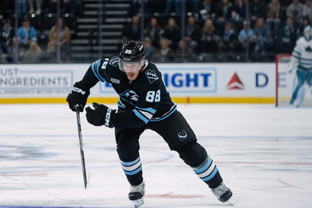Utah Mammoth defenseman Nate Schmidt skates upice against the San Jose Sharks during the first period of an NHL hockey game Friday, Oct. 17, 2025, in Salt Lake City. (AP Photo/Melissa Majchrzak)