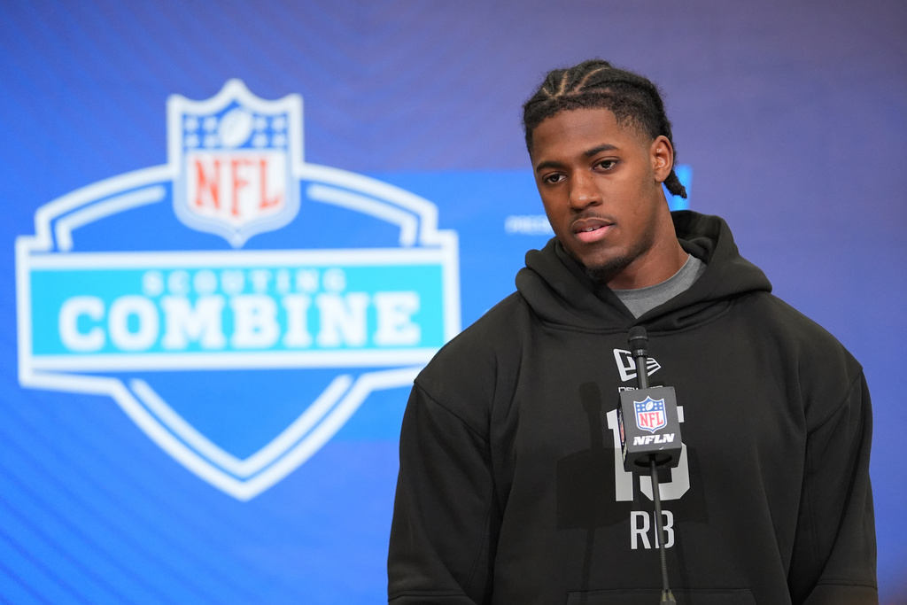 Notre Dame running back Jadarian Price speaks during a news conference at the NFL football scouting combine in Indianapolis, Friday, Feb. 27, 2026. (AP Photo/Julio Cortez)